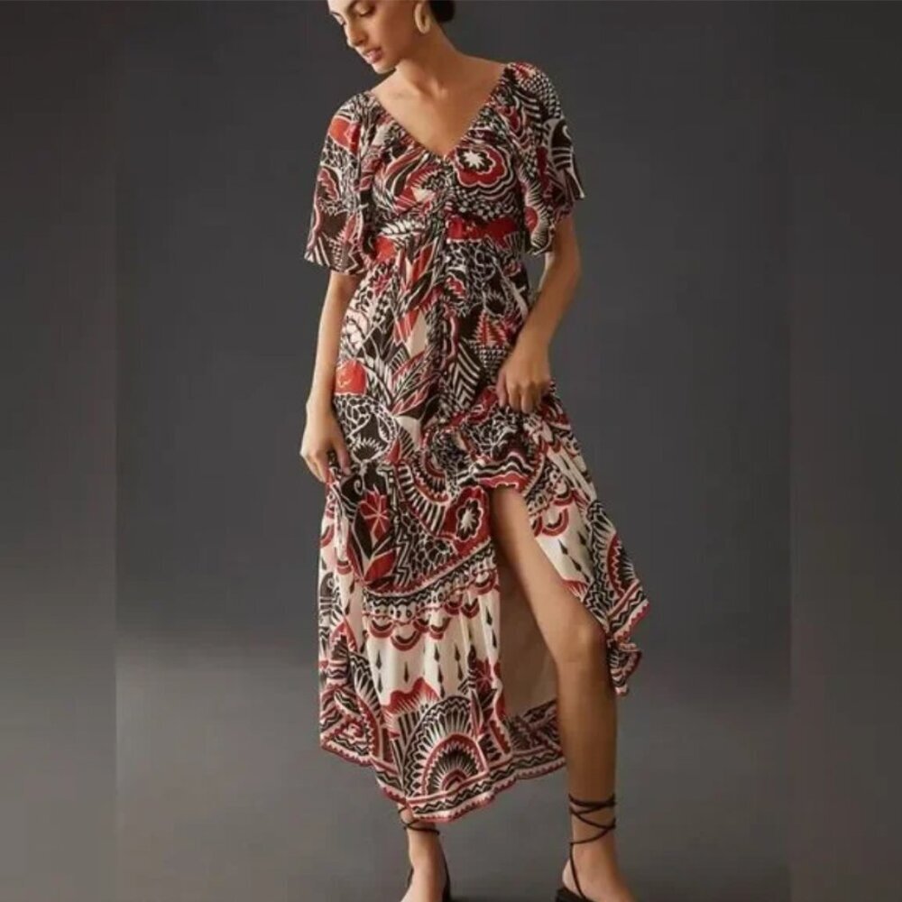 Anthropologie Red Black Cream Printed Maxi Dress